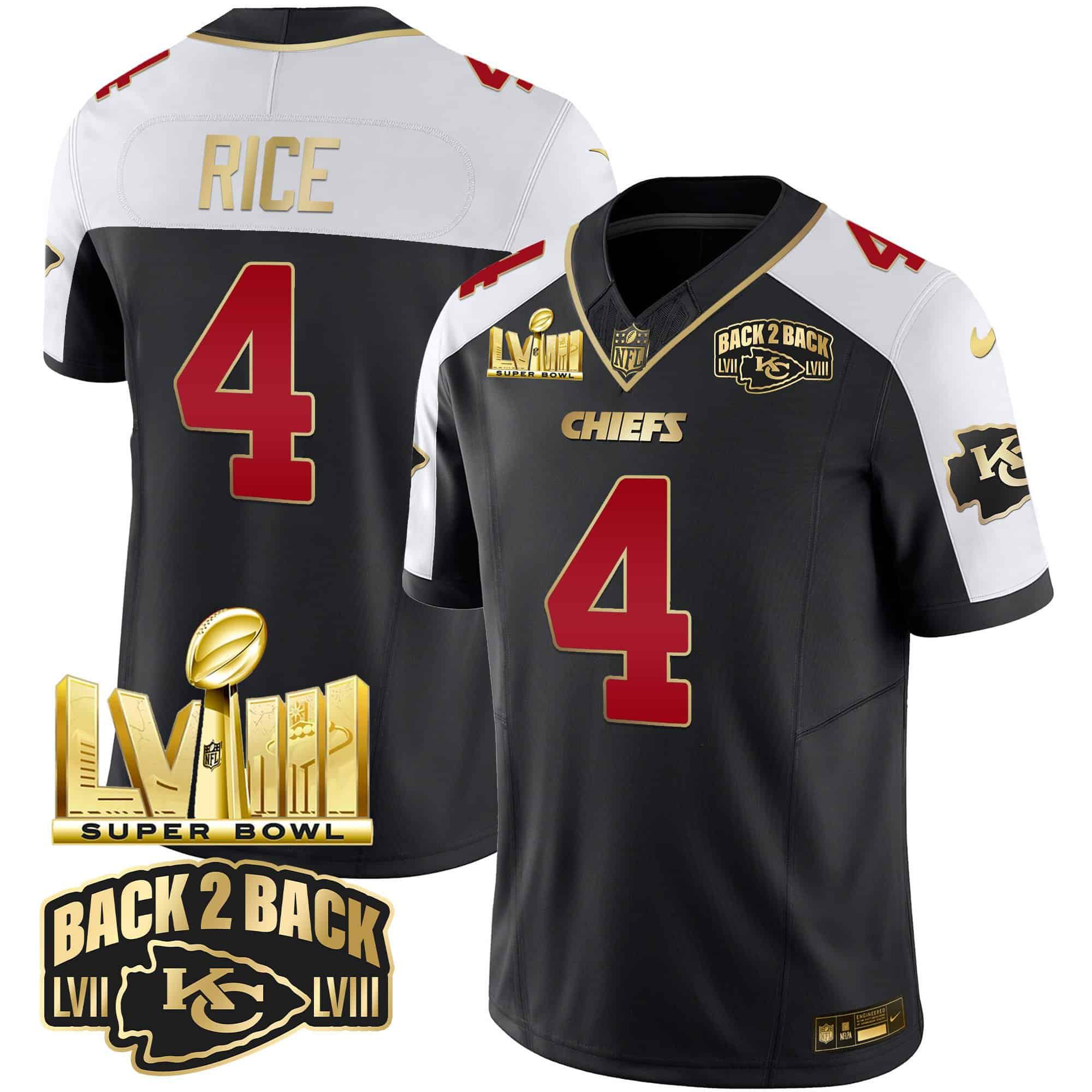 Men Kansas City Chiefs #4 Rice Black 2024 Nike Super Bowl LVIII & Back-2-Back Gold Patch Vapor NFL Jersey->indianapolis colts->NFL Jersey